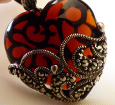 Intricate Sterling Silver 925 Marcasite & Cognac Color Glass Heart Pendant - $78.21