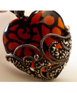 INTRICATE STERLING SILVER 925 MARCASITE &amp; COGNAC COLOR GLASS HEART PENDANT - £61.50 GBP