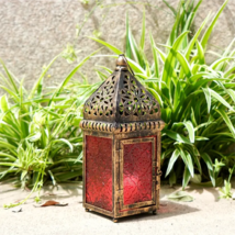 Vintage Moroccan Candle Lantern – Red Glass Iron Holder for Decor - $19.80
