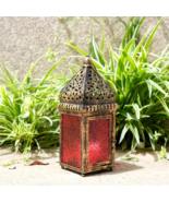 Vintage Moroccan Candle Lantern – Red Glass Iron Holder for Decor - $19.80