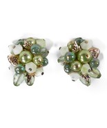 Vtg 50s 60s Vendome Green Multi Facet Glass Pearl Cluster Clip On Earrin... - €21,43 EUR
