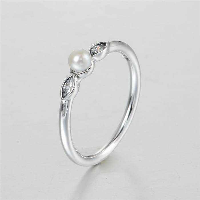 925 Sterling Silver Luminous Leaves Pearl Ring With Clear CZ and  Pearl  Ring