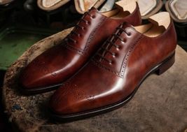 New Handmade Men Brown Brogue Leather Oxford Lace Up Dress Formal Shoes For Men - £100.51 GBP