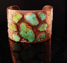 Vintage Wide turquoise Bracelet - Mid century Copper signed Cuff - turquoise jew - £307.69 GBP