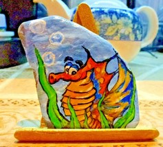 Hand painted River Rock Stone Colorful Seahorse with wooden stand. - £14.69 GBP