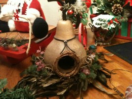 Handcrafted Tea light holder - Bird on pear birdhouse with feather wreath - $18.50