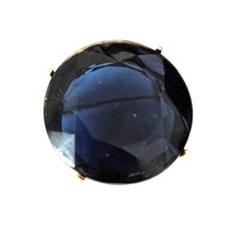 Vintage Large Faceted Dark Blue Round Faceted Glass Stone Gold Tone Brooch - $30.99