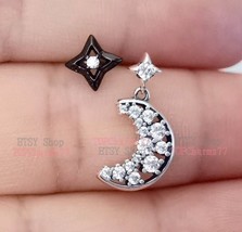 Sterling silver ,Ruthenium-plated Sparkling Crescent Moon and Star Stud Earrings - £14.18 GBP