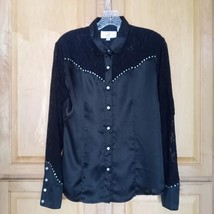 Vintage PANHANDLE SLIM Rhinestone Cowgirl Top Black Satin Lace 80s Snap Front M - $151.53