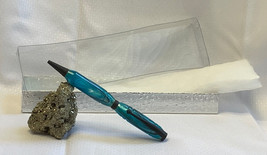 Hand Crafted Turned Wood Pen &amp; Gift Box Aqua Blue Swirl Goldtone Trim Black Ink  - £23.74 GBP