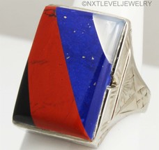 HEAVY SIGNED Antique Art Deco Multi Gem Inlay 10k Solid White Gold Men&#39;s Ring - £696.99 GBP