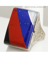 HEAVY SIGNED Antique Art Deco Multi Gem Inlay 10k Solid White Gold Men's Ring - $886.05