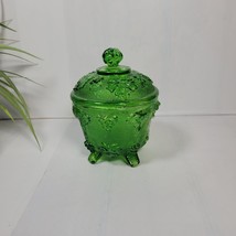 Vintage Jeannette Glass Green Candy Dish &amp; Lid, Footed Grape Vine  - $12.00