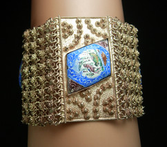 HUGE Persian Enamel Bracelet Tribal etruscan chain maille Hand wrought folk art  - £338.67 GBP