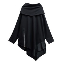 Black  Zipper Oversized Sweatshirt Women New Scarf Collar Long Sleeve Pullover L - £97.85 GBP