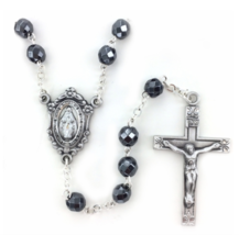 Hematite Beads And Miraculous Center Crucifix Cross Rosary Necklace - £55.30 GBP