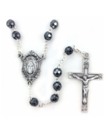 HEMATITE BEADS AND MIRACULOUS CENTER CRUCIFIX CROSS ROSARY NECKLACE - £55.78 GBP