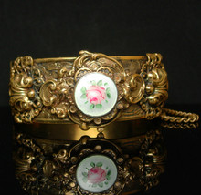Victorian Bracelet GORGEOUS Guilloche enamel LAYERED hinged bracelet orn... - $295.00