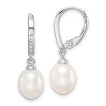 Silver  Polished White 7-8mm Freshwater Cultured Pearl &amp; CZ Leverback Dangle Ear - £43.79 GBP