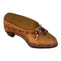 Antique Victorian Folk Art Wood Shoe Sewing Pin Cushion Beaded Hand Carved 4&quot; - £59.62 GBP