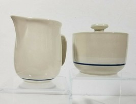 Crofton Creamer Sugar Bowl Set Beige with Blue Stripe Ceramic with Lid - $6.93