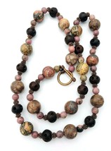 Beaded Earth Tone Jasper Rhodonite Wood Antiqued Copper Strand Necklace 24&quot; - £17.15 GBP