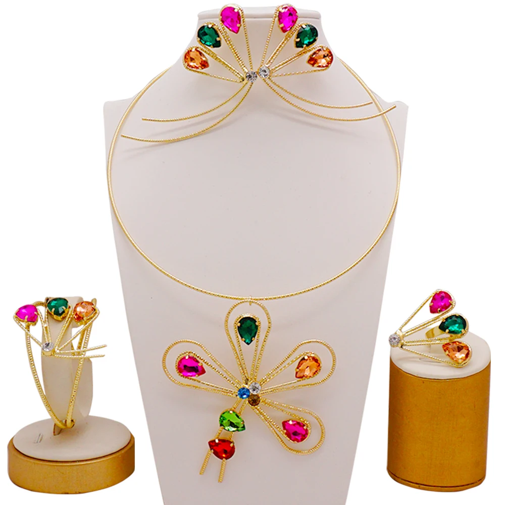 Fashion Jewelry Set Flower Jewelry set Dubai GolBridal Multicolor Jewell... - $58.23