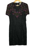 Vintage AP Ltd Floral Sequin Dress NEW 8 Black Pink Purple Deadstock - £59.28 GBP