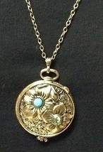 Womens Chain Necklace Flower Green Rhinestone Locket Copper NEW 28&quot; - £9.42 GBP