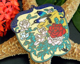 Vintage Cloisonne Chinese Enamel Pendant Birds Flowers Roses Large - £22.41 GBP