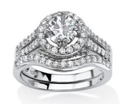 Round Cz Halo Bridal 2 Piece Ring Platinum Sterling Silver 6 7 8 9 10 - £160.35 GBP