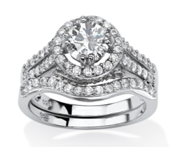 Round Cz Halo Bridal 2 Piece Ring Platinum Sterling Silver 6 7 8 9 10 - £159.83 GBP