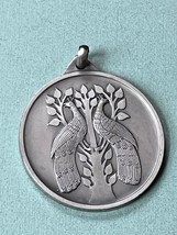 Vintage Carved Pewter Round Medallion w Two Birds in Tree University Del... - $11.83