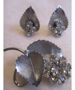 Dimensional Leaves with Rhinestone Flower Brooch and Earrings Vintage #C... - $438.05 MXN