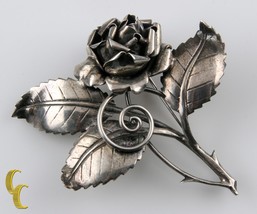 Vintage Sterling Silver Baur ING Rose Leaf Thorn Flower Brooch - $149.69
