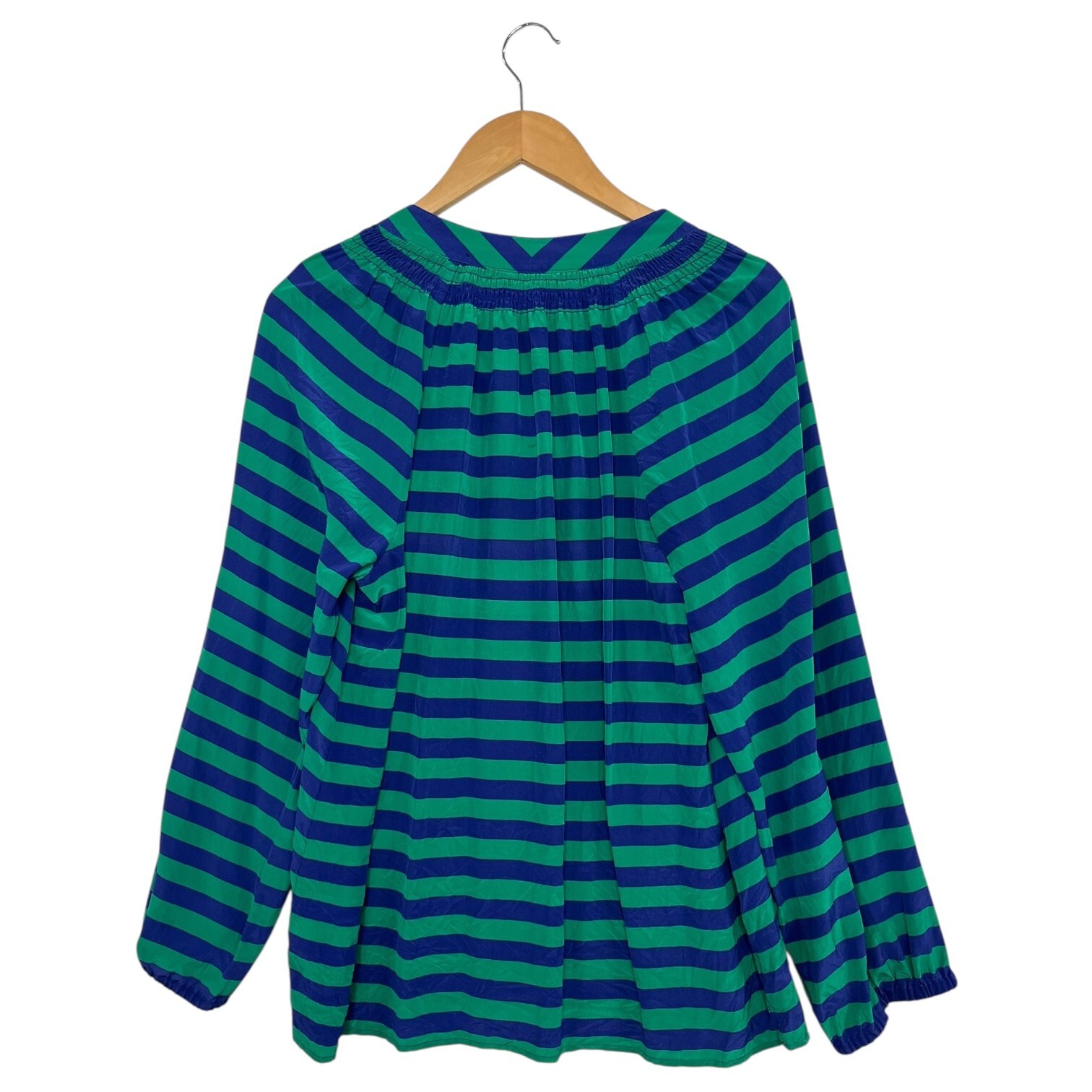 Lilly Pulitzer Top Womens Large Green Blue Silk Stripe Smocked Boho Blouse Item image 2