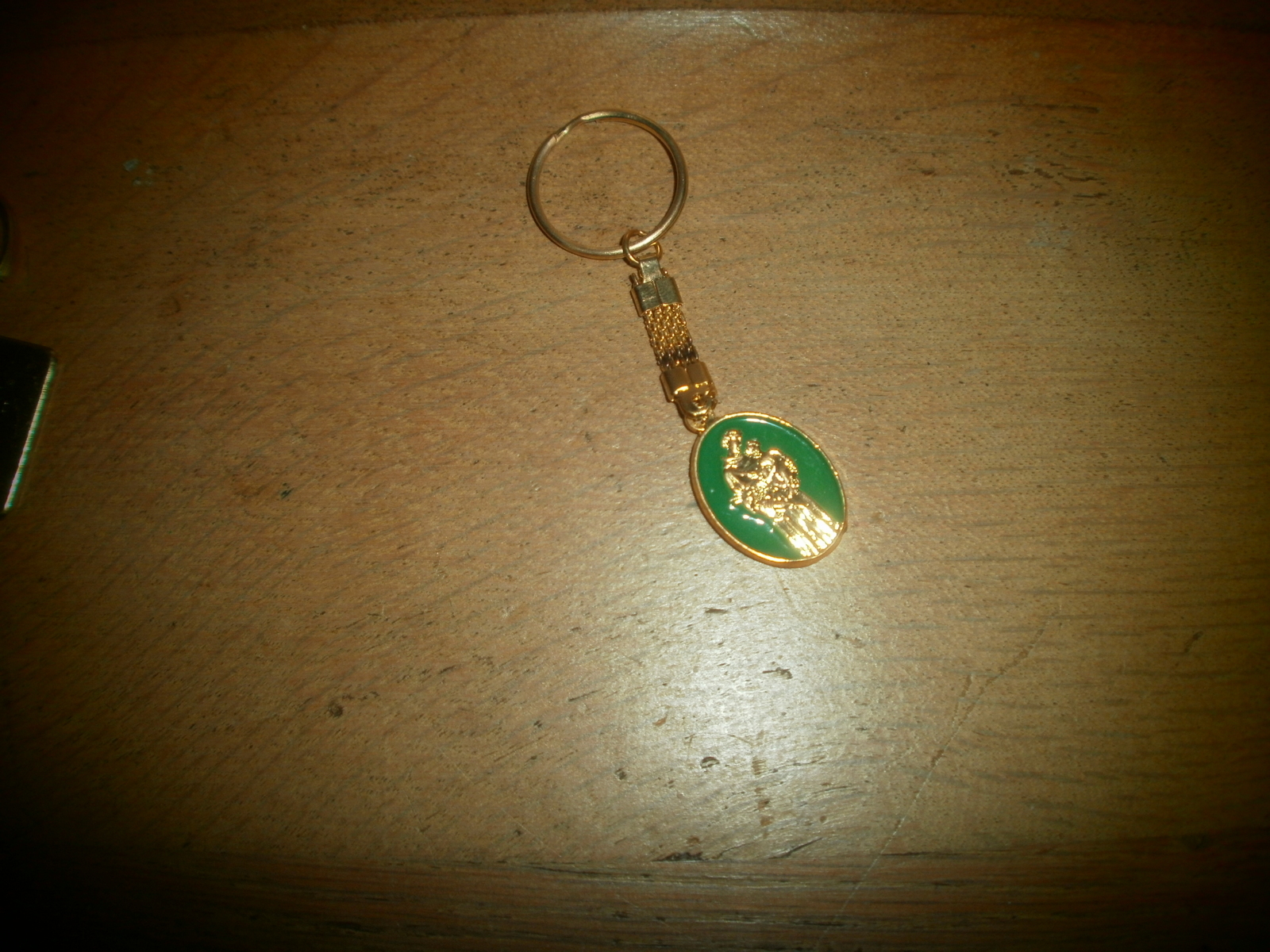 Saint Key Chain Gold Tone with Green Enamel  - $5.00