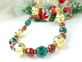Gold, Green, and Red Glass Acrylic Beaded Holiday Christmas Bracelet - $18.00