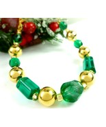 Round Faceted Green Glass and Gold Beaded Holiday Christmas Bracelet - $17.00