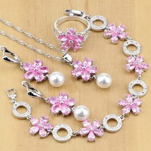 Elegant 925 Sterling Silver Jewelry Sets Pink Zircon With Pearl Beads For Women  - £28.33 GBP