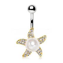 Gold Pearl Accent Starfish Navel Ring - £10.90 GBP