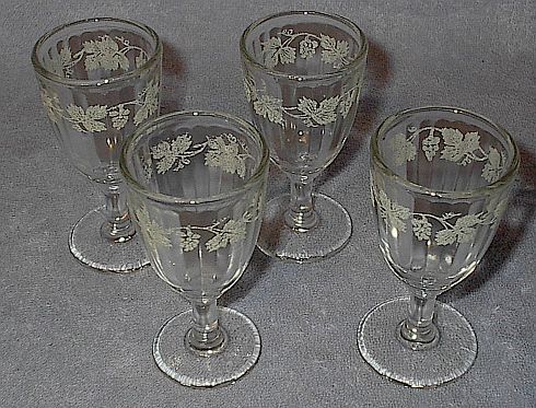 Four Stemware Cordial Glasses Painted Grape Vine Motiff - $24.95