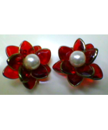 Vintage Jewelry Clip On Earrings Ruby Red Flower w Pearl Funky Retro Ear... - $39.99