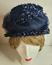 DARK BLUE PILL BOX HAT WITH NETTING VINTAGE - £14.70 GBP