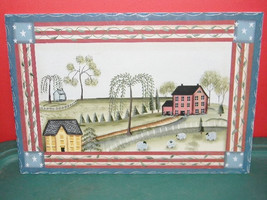 13.5&quot; X 19.75&quot; Handpainted Sheep and Willows on Wood Red, White Blue Primitive - £16.23 GBP