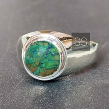 Solid 925 Sterling Silver Round Shape Azurite Malachite Signet Ring Unisex Gifts - $89.75