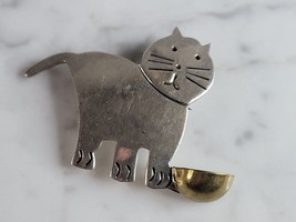 Womens Vintage Estate Sterling Silver Modernist Cat Brooch 13.0g E6106 - £67.67 GBP