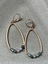 Estate Brushed Goldtone Tubular Ovals w Tiny Faux Green Stone Beads Dangle Ear - £10.42 GBP
