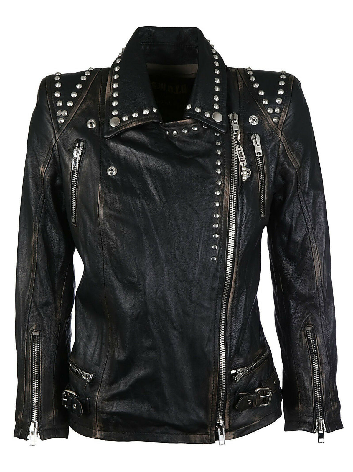 Women's Black Color Biker Genuine Leather Silver Small Studded Zipper Jacket