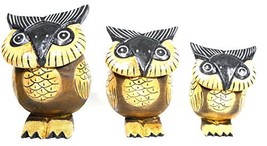 Hand Carved Wood Family of 3 Brown and Black Owls Decor Sculptures Design - £15.52 GBP